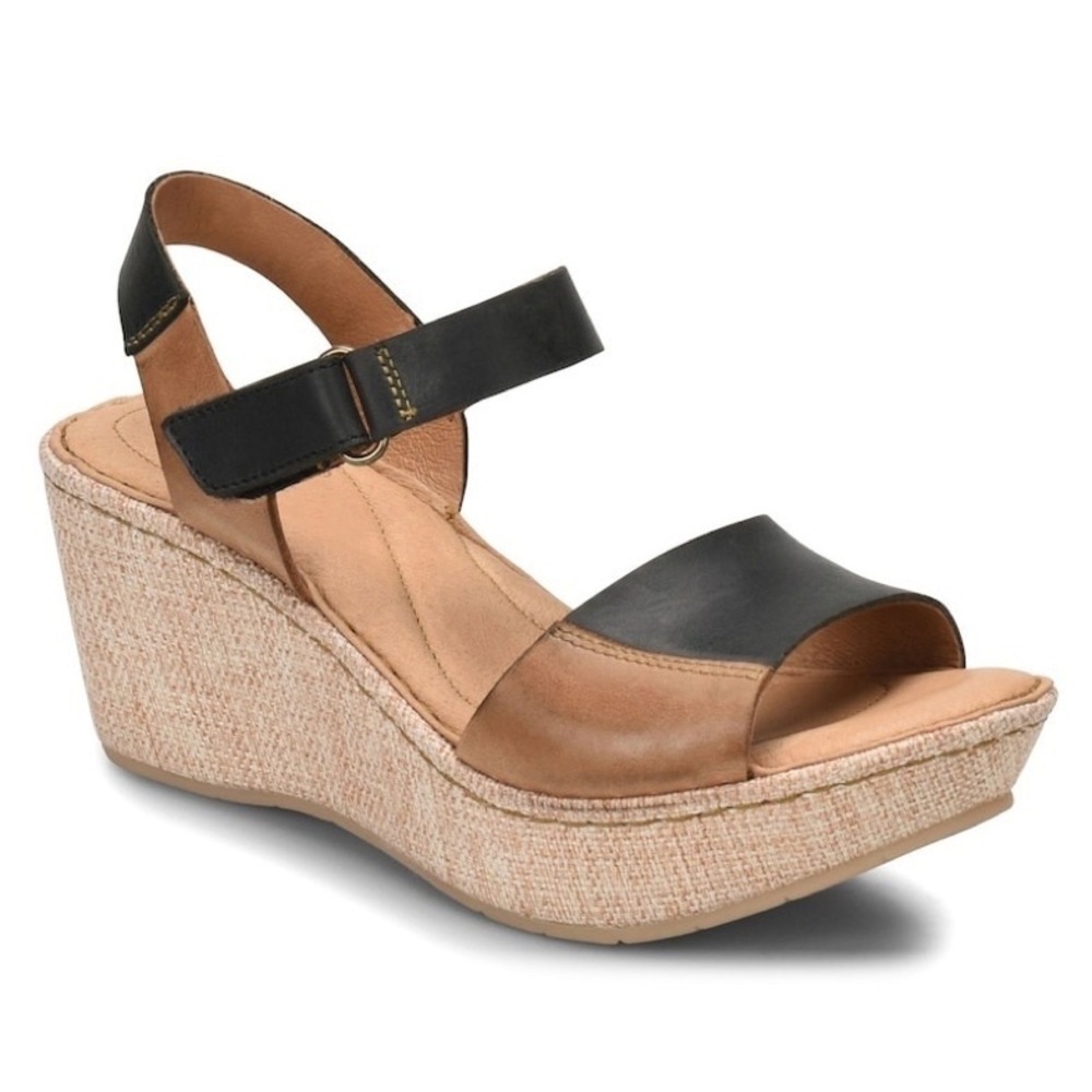 Born Nectar Brown Black Leather Two Tone Open Toe Wedge Sandal Women Size 9 - Picture 1 of 13